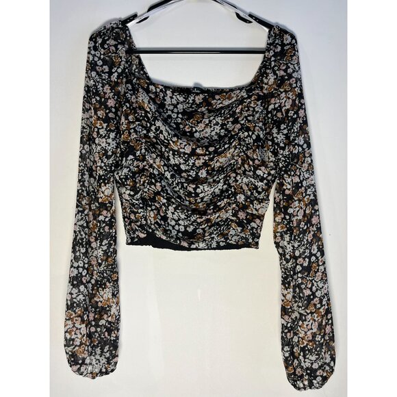 Lulu's Black Puff Sleeve Sheer Floral Blouse Size L Cottagecore Romantic - Picture 5 of 5